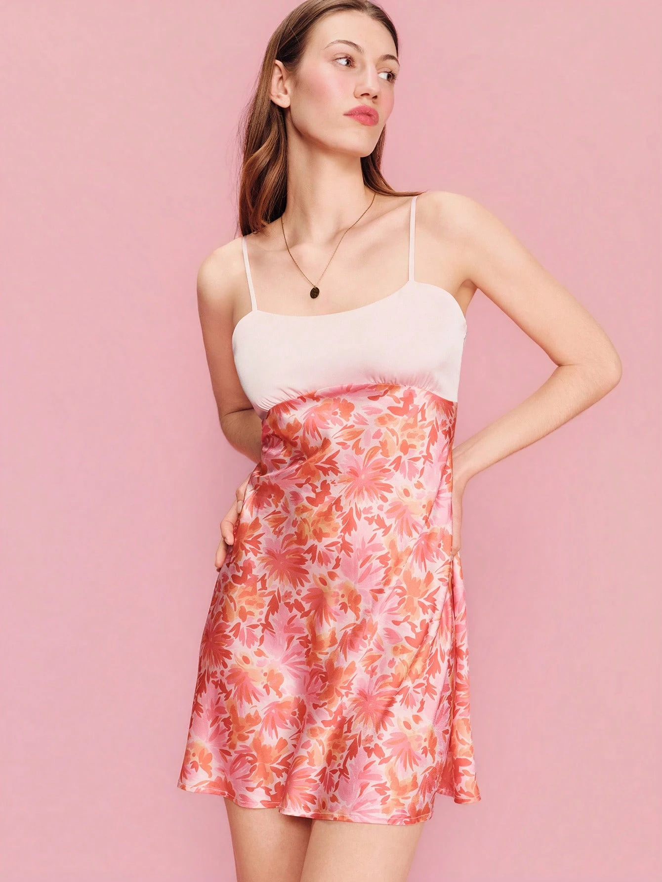 Pink Floral Mini Slip Dress Spring Summer French Style Parisian Style Holiday Dress Vacation Dress Pink Satin Dress Floral Dress Festival Dress Casual Dress