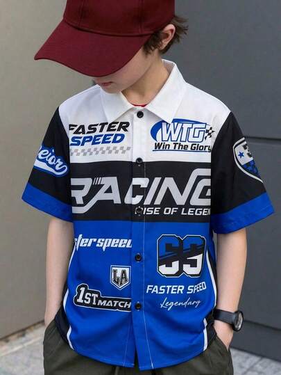 青少年男童休闲宽松街头字母和赛车图案 Polo 领短袖衬衫，适合通勤、上学、日常休闲穿着、运动、春夏穿着