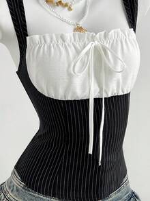 Elamini YK2 Women's Retro Sweet & Spicy Waist Cinched Patchwork Striped Shirred Camisole Top Gyaru Black And White Tops Women's Summer Tops Pinstripe Corset Top Singlet Layered Jewelry Women's Tops For Summer Women's Corset Cute Outfit Trending Outfit Cute Clothes Nice Outfit Women's Summer Outfits Cute Outfits For Women Women Outfit - Black - View 5
