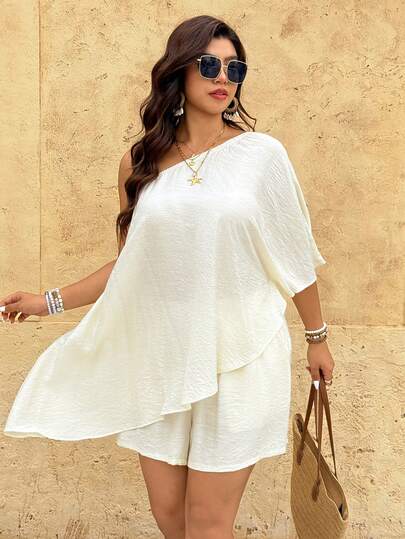 Breezaya Plus Size Asymmetrical Shoulder Textured Fabric Shirt + Elastic Waist 3/4 Shorts 2 Pieces Set, Casual Outings, Dates, Parties, Beach Vacation
