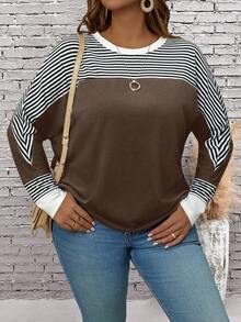 Rosumi Plus Size Women's Casual Crew Neck Striped Batwing Sleeve T-Shirt, Spring/Fall,Fall Clothes For Women - Brown - View 4