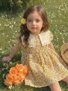 LMoss Kids Baby Girl Cute Ditsy Floral Bubble Sleeve Square Neck Dress, Summer - Multicolor - View 3