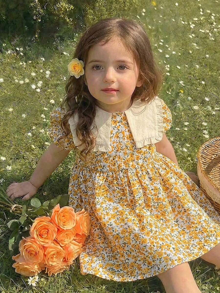 LMoss Kids 女婴可爱碎花泡泡袖方领连衣裙，夏季 - 彩色 - 查看 1