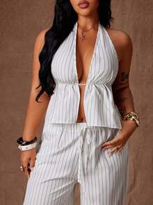 Rustia Plus Size Women V-Neck Striped Halter Top And Wide Leg Pants 2 Pieces Set - Apricot - View 6