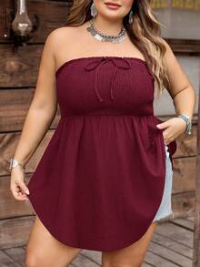 SHEIN CURVE+ Curve 尺码 US22 音乐节、海滨度假、波西米亚风黑色不对称下摆蕾丝饰边无袖系带荷叶边衬衫，春夏款 - 酒紅色 - 查看 3