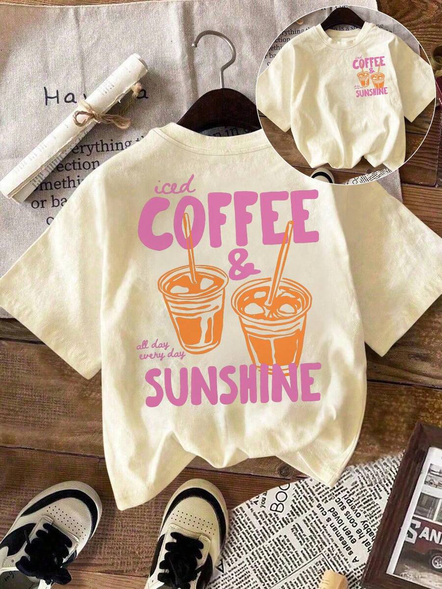 EMERY ROSE Camiseta de Café con Hielo y Sol, Camiseta de Café con Hielo, Regalos para Amantes del Café, Camiseta de Verano, Camiseta de Vibras de Verano, Camiseta de Café - Albaricoque - Ver 1