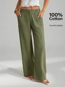 SHEIN Tall 100%水洗棉低腰直筒褲，適合高個女性 - 軍綠色 - 查看 6