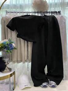 Resyla Conjunto de 2 piezas casual y deportivo de verano para mujer - Negro - Ver 2