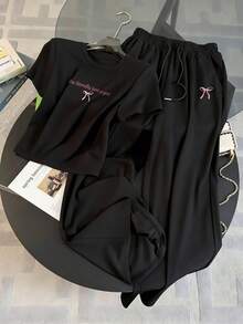 Resyla Conjunto de 2 piezas casual y deportivo de verano para mujer - Negro - Ver 3