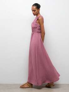 SHEIN Maija MAIJA 夏季沙滩印花褶皱荷叶边飘逸长裙 - 粉色 - 查看 7