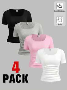 SHEIN Girlism 4-Pack Teen Girls' Casual Solid Color Square Neck Short Sleeve T-Shirts, Black And White, Summer, Graduation, Back-To-School, Comfortable Slim Fit Tee Tops - Multicolor - View 1