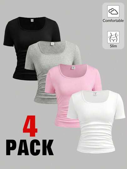 SHEIN Girlism 四件装少女休闲纯色圆领短袖T恤，黑色、酒红色、灰色、白色，舒适百搭，适合春夏穿着。