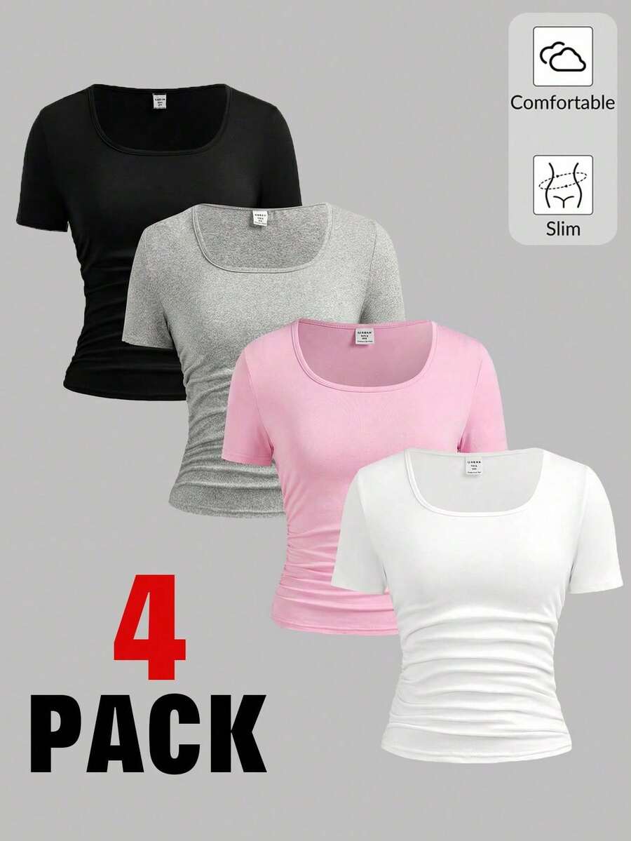 SHEIN Girlism 4-Pack Teen Girls' Casual Solid Color Square Neck Short Sleeve T-Shirts, Black And White, Summer, Graduation, Back-To-School, Comfortable Slim Fit Tee Tops - Multicolor - View 1