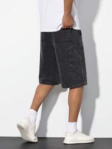 Manfinity Homme 男士夏季黑灰色牛仔短裤，时尚休闲牛仔裤 - 黑色 - 查看 8