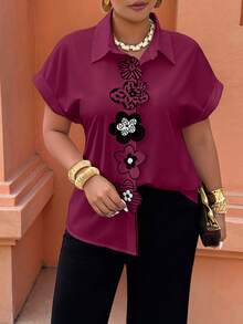 Breezaya Plus Size Women's Embroidered 3D Floral Casual Vacation Shirt, Spring/Summer - Burgundy - View 6