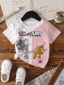 TOM & JERRY X SHEIN Young Girl Summer Casual Colorblock Striped Cartoon Print T-Shirt - White - View 8
