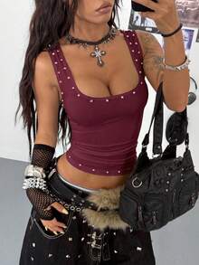 StreetHx 女士时尚金属装饰白色背心 - 紫紅色 - 查看 6