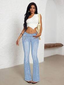 SHEIN PETITE Women's Flared Jeans With Corn Callus Buckle Design And Frayed Hem - Light Wash - View 3