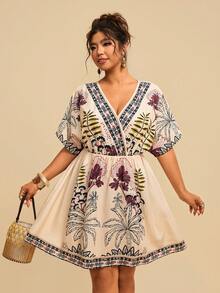 Travachic Plus Size Women Fashion Casual Printed V-Neck Short Dress - Multicolor - View 4