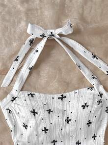 SHEIN Tween Girl Knit Printed Halter Waist Ruched Fitted Fashionable Camisole, Suitable For Spring/Summer Seasons, Party, Afternoon Tea, Carnival, Beach Cruise - White - View 4
