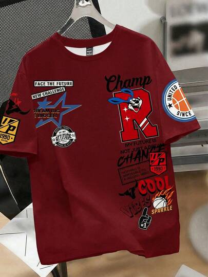 Manfinity Joysei Camiseta de manga corta de moda casual para hombres, con estampado de letras y estrellas, para uso diario y trayectos, verano