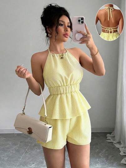 Selianne Nuevo conjunto de 2 piezas con top halter con lazos y pantalones cortos a rayas con espalda descubierta, conjunto de vacaciones de verano sexy