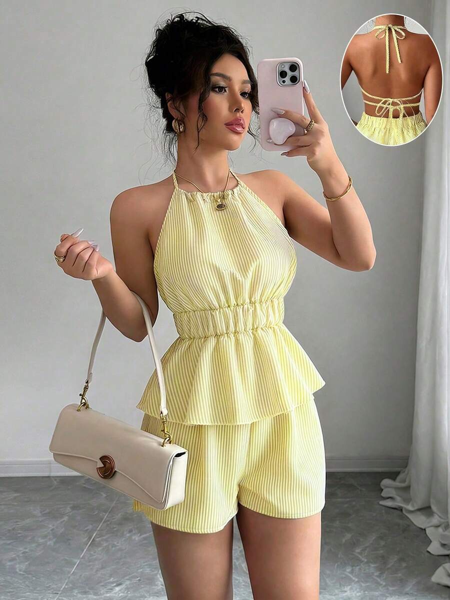Selianne Bộ đồ 2 mảnh gồm quần short buộc dây cổ yếm, họa tiết sọc, hở lưng, thích hợp cho kỳ nghỉ hè gợi cảm. - Màu vàng - Xem 1