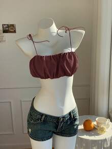 Comfortcana Women's Solid Color Fashionable Cropped Camisole,Summer Top - Brown - View 3