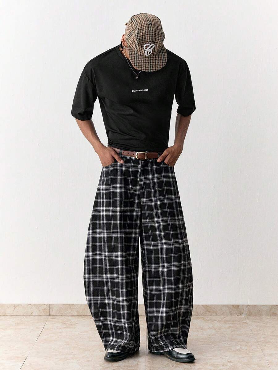 SWAVVY Men's Casual Commuter Plaid Curved Leg Pants - Black - View 1