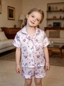 2pcs/Set Piyama Anak Perempuan Motif Kelinci Lucu, Kardigan Lengan Pendek dan Celana Pendek - Berwarna merah muda - View 2