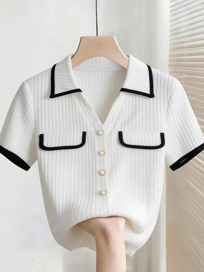 SHEIN Franclia 女士撞色领拼接纹理面料珍珠纽扣装饰衬衫，适合春夏外出、通勤和约会