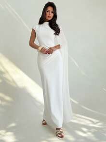 Firerie Vestido largo elegante con drapeado y fruncido, adecuado para uso diario, fiestas, invitados de boda - Blanco - Ver 7