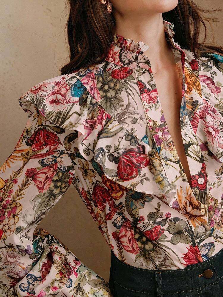 Spring/Summer New Arrival Elegant Floral & Butterfly Print Stand Collar Ruffle Trim Long Sleeve Women Blouse