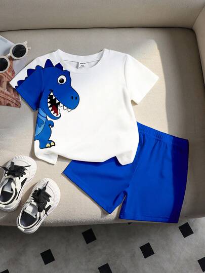 SHEIN 2 piezas Conjunto de camiseta de manga corta con cuello redondo y estampado de tiranosaurio rex, y pantalones cortos con estampado de dinosaurio para bebé niño/unisex de 0 a 3 años, adecuado para uso casual, deportivo, escolar, primavera/verano