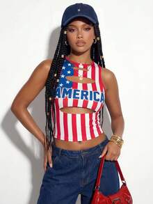 Gowayae Gowayae Áo tank top ngắn tay ôm sát, gợi cảm, in hình cờ Mỹ theo phong cách cổ điển dành cho nữ. - Đỏ và trắng - Xem 7