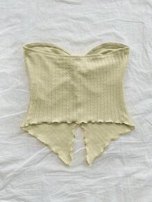 SHEIN PETITE 女士假日鹅黄色针织纹理抹胸上衣，前中开衩，波浪边修身剪裁，适合下午茶、街头度假、秋冬季室内外派对穿着 - 薄荷綠 - 查看 9