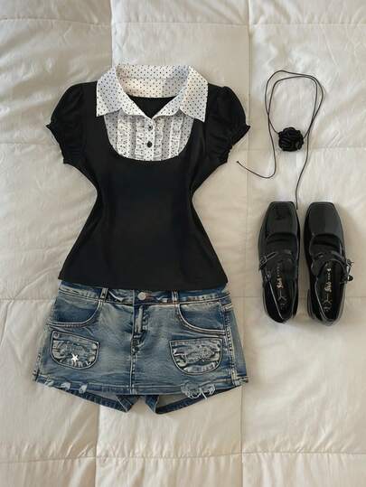 Glimmora Áo sơ mi nữ cổ bẻ tay ngắn màu trơn chấm bi phối nhiều mảnh