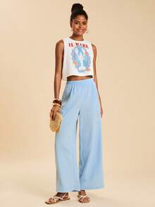 Travachic Women's Ocean Pattern Tank Top & Wide Leg Pants 2 Pieces Set,Light Blue And White Bohemian Print,Summer Casual Beach Holiday Vacation Outfits Coords - Multicolor - View 4