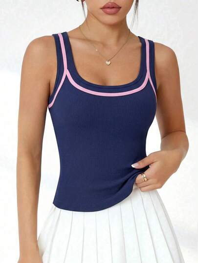 CourtClass Contrast Trim Scoop Neck Sleeveless Fitted Sports Tank Top, Summer