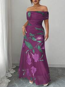 Modelyn Vestido de fiesta de una sola manga con volantes y estampado de malla para mujer de talla grande - Rojo violeta - Ver 4