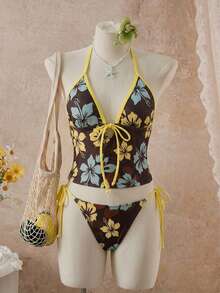 Swim Vcay 碎花两件式泳衣，派对/度假/海滩装扮，女士吊带比基尼套装，夏威夷风情两件套，女士度假套装，女士沙滩装，夏季泳装，碎花比基尼两件套上衣 - 彩色 - 查看 7