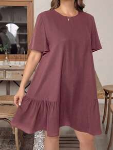 SHEIN Essnce 大码女装春夏时尚休闲宽松舒适清爽日常基础款短袖深蓝色连衣裙，复古风格，适合教堂、教师、外出、度假、工作场合穿着。 - 中紫紅色 - 查看 3