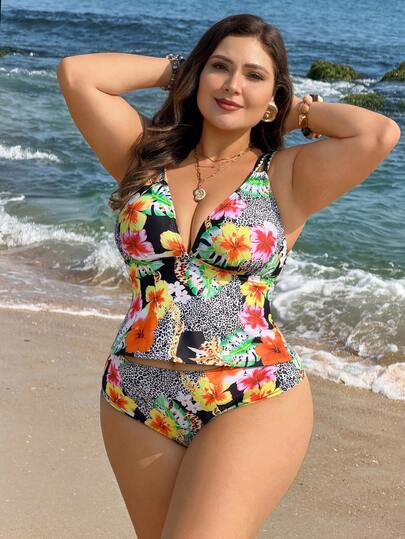Swim Lushoire Bộ đồ bơi 2 mảnh họa tiết hoa nhiệt đới cỡ lớn mới năm 2026 | Cổ chữ V nâng đỡ và tạo dáng | Họa tiết da báo phối hợp giúp thon gọn | Quần short cạp cao ôm bụng | Bikini dây buộc hở lưng cho kỳ nghỉ biển