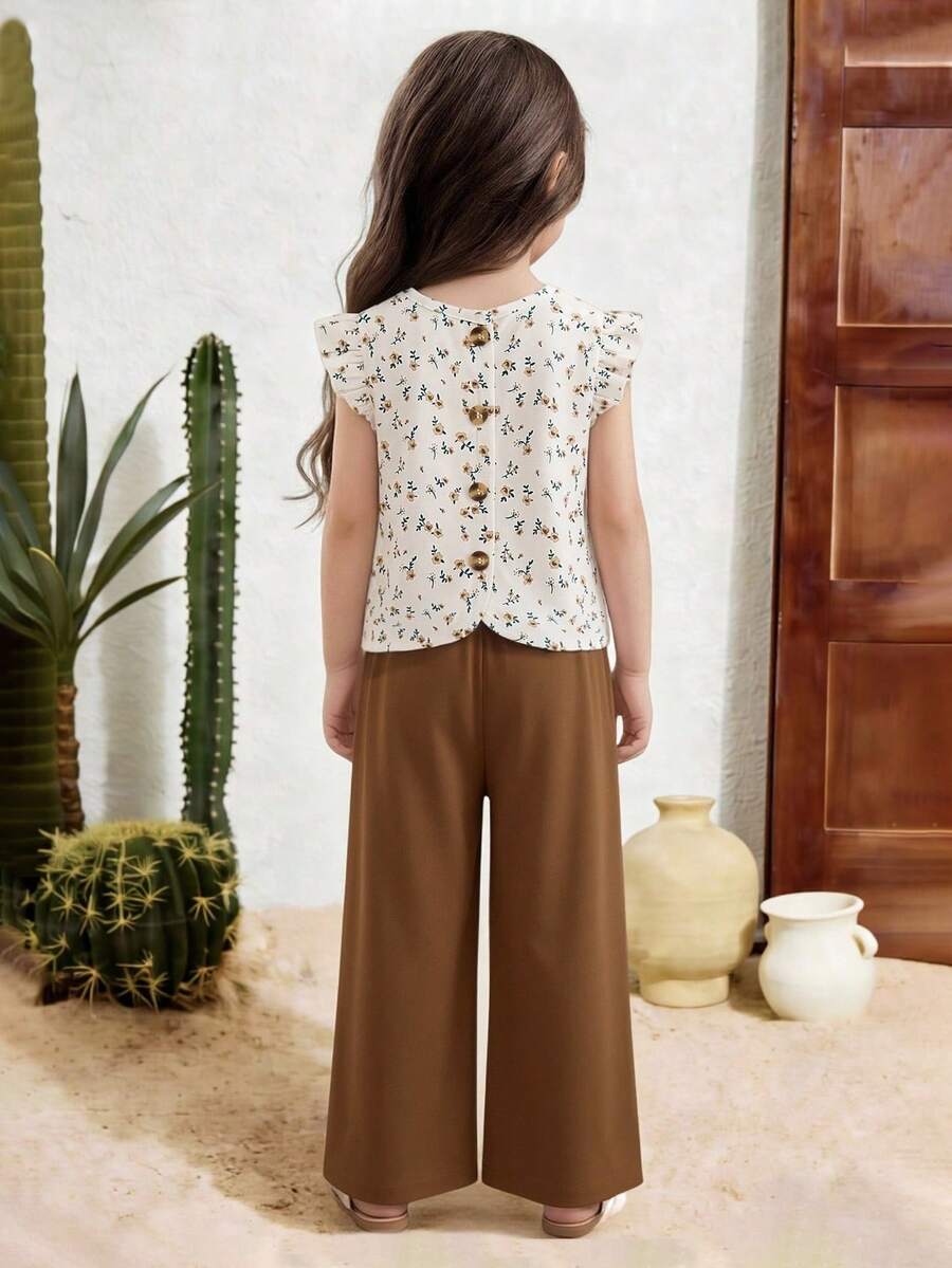 Elladie kids 女童（小号）纹理面料短袖纽扣后背T恤和休闲裤套装 - 卡其色 - 查看 1