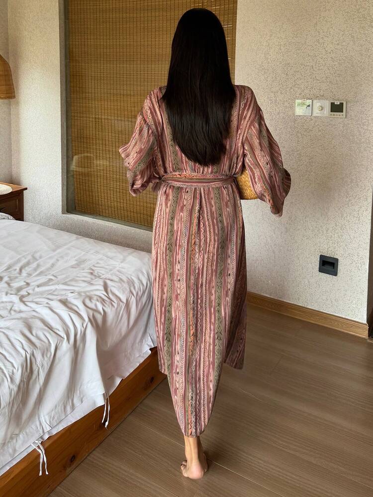 Retro Print Sleeveless Long Nightgown & Robe Set, Vacation Style, Spring/Summer