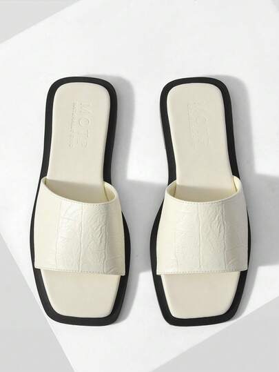 MOTF PREMIUM 女士夏季爆款复古时尚白色PU皮革石纹性感方头露趾平底拖鞋简约百搭休闲舒适轻便高感沙滩凉鞋