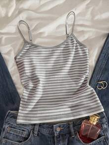 Teen GirlStriped Minimalist Casual Camisole - Grey - View 1