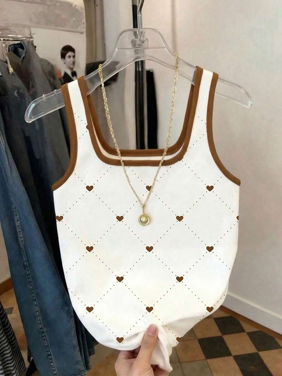 Camiseta de tirantes casual con cuello en U y estampado de corazón en contraste - Multicolor - Ver 1