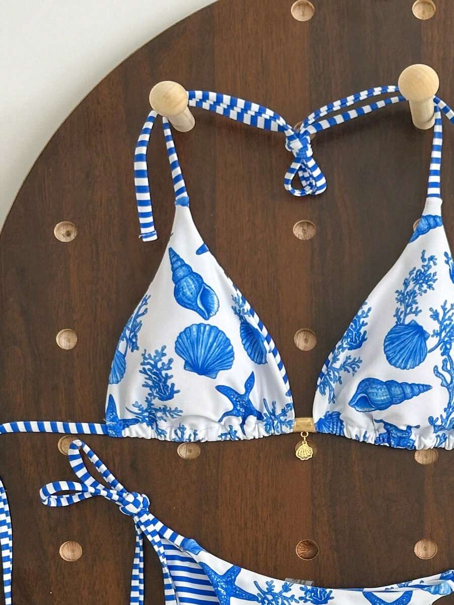 Swim Mod 女士贝壳印花系带露背比基尼两件套泳衣沙滩装,Zestiva 斑马纹比基尼套装,斑马纹罩衫拉链上衣 - 藍白色 - 查看 1