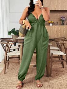 Weeklong Plus Size Women Solid Color Pleated Halter Tie Casual Jumpsuit Pants For Daily Wear - Mint Green - View 3